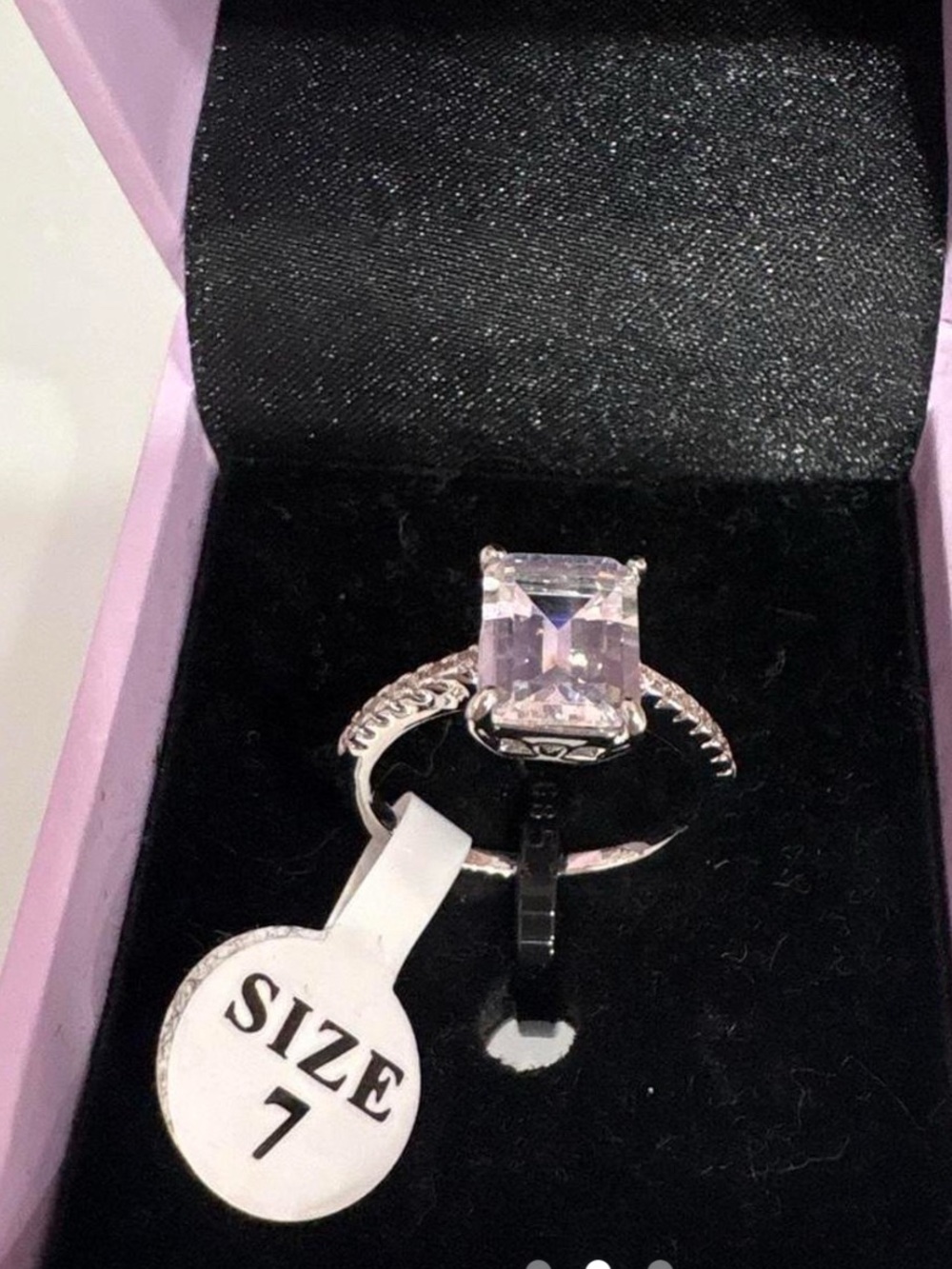 Silver Ring with Light Pink Emerald-Cut Stone - Size 7